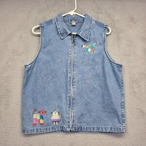 Christopher Banks Top Womens M Blue Denim Cat Lady Medium Wash‎ Embroidered